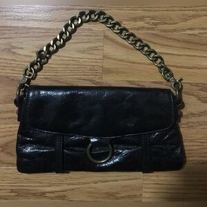 Vintage HOBO International Black Faux Leather Gold Chain Clutch Purse Pocketbook
